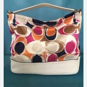 COACH SIGNATURE PARK SCARF PRINT SATIN AND LEATHER HOBO‎ BAG